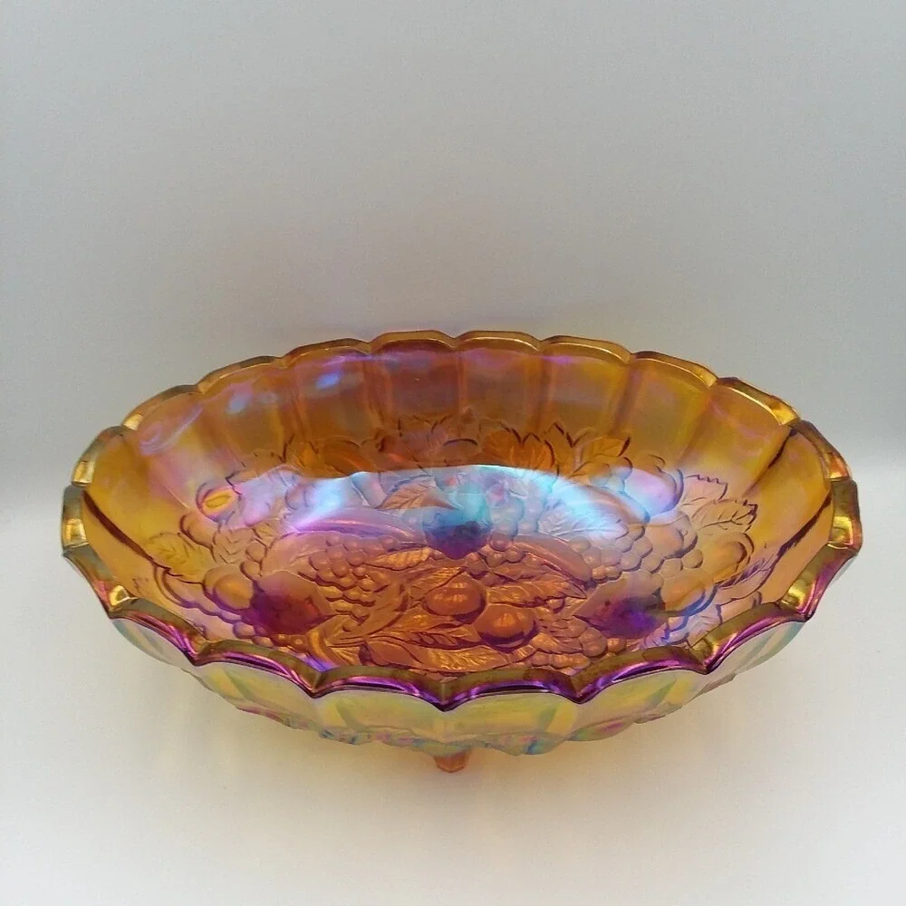 Vintage Iridescent Carnival Glass Bowl Oval Footed Harvest Grape Fruit ‎ 12x9